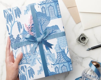 Blue and White Pagoda Wrapping Paper, Blue and White Chinoiserie Gift Wrap, Ginger Jar Wrapping Paper, Blue and White Floral Paper