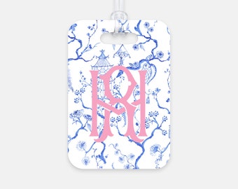 Monogram Chinoiserie Luggage Tag, Pagoda Plastic Luggage Tag, Rectangle Bag Tag, Circle Luggage Tag