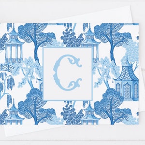 Monogrammed Blue and White Pagoda Chinoiserie Folded Stationery Cards, Preppy Blue Monogram Custom Notecards, Thank you Cards