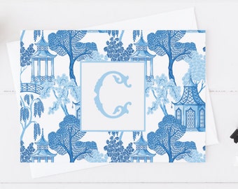 Monogrammed Blue and White Pagoda Chinoiserie Folded Stationery Cards, Preppy Blue Monogram Custom Notecards, Thank you Cards