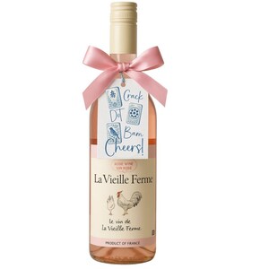 May include: A bottle of La Vieille Ferme ros&eacute; wine with a pink bow and a tag that says "Crack Dot Bam Cheers!". The label features a rooster and hen illustration. Product of France.