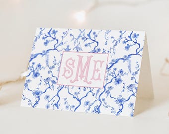 Personalized Blue & White Chinoiserie Folded Stationery Cards, Custom Floral Pagoda Notecards, Monogram Grandmillennial Gift for Her