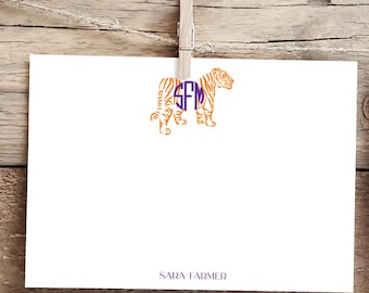 Monogram Tiger Stationery Cards, Custom Color Personalized Flat Note Cards, Preppy Stationery, Custom Tiger Graduation Gift