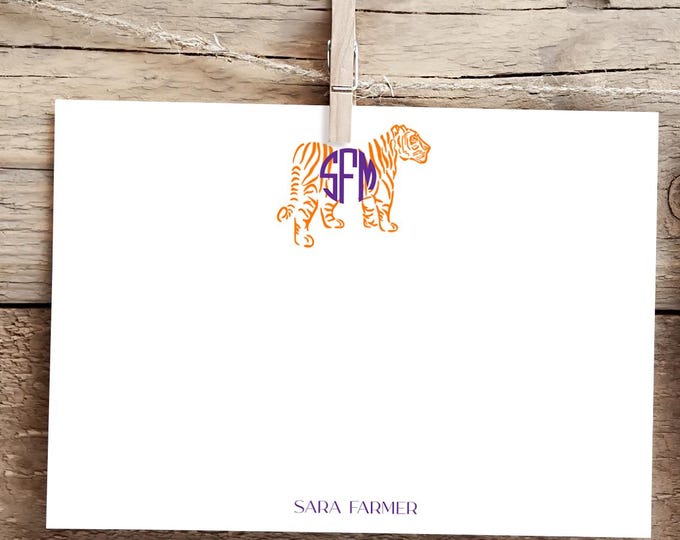 Monogram Tiger Stationery Cards, Custom Color Personalized Flat Note Cards, Preppy Stationery, Custom Tiger Graduation Gift