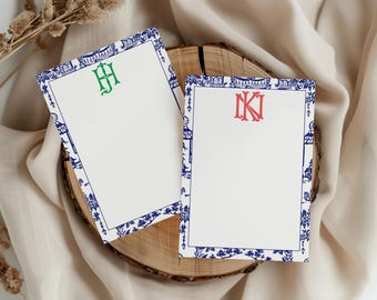 Blue and White Chinoiserie Monogram Flat Stationery, Custom Toile Monogram Note Cards, Thank You Card, Monogrammed Floral Flat Note Cards