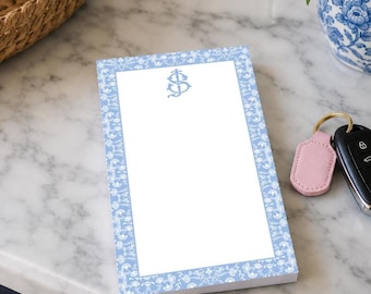 Blue and White Floral Chinoiserie Monogram Note Pad | Floral Vines Notepad |  Personalized Note Pad for Her | Full Name Custom Gift
