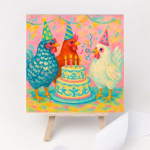 Brightly Painted Chicken Party Happy Birthday Card, Colorful Chicken Card, Chicken Birthday Party, Pink and Orange Chicken Birthday Card