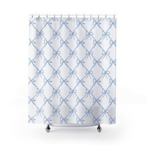 Blue and White Bow Shower Curtain, Blue & White Ribbon Shower Curtain, Grandmillenial Chinoiserie Chic Preppy Bathroom
