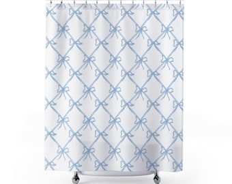 Blue and White Bow Shower Curtain, Blue & White Ribbon Shower Curtain, Grandmillenial Chinoiserie Chic Preppy Bathroom