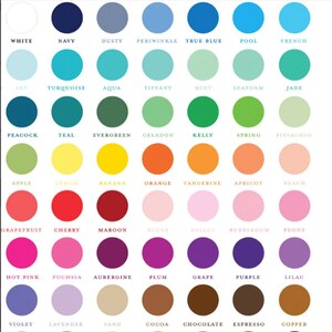May include: A colour chart with 60 different colour swatches, each with a name written below it. The colours are arranged in rows and columns, and the names are in a simple, sans-serif font.