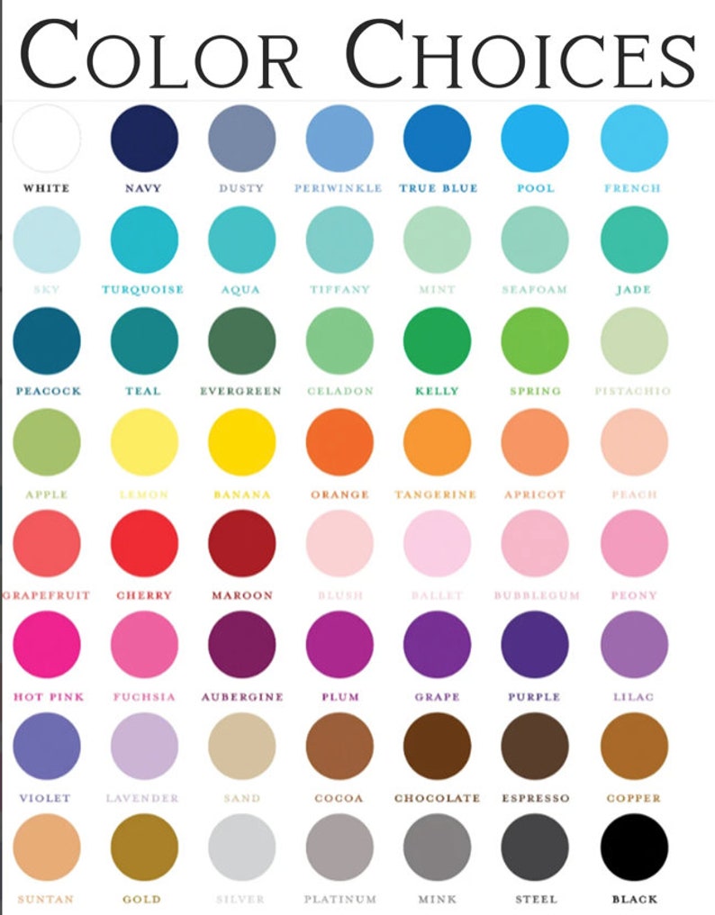May include: A colour chart with 60 different colour swatches, each with a name written below it. The colours are arranged in rows and columns, and the names are in a simple, sans-serif font.