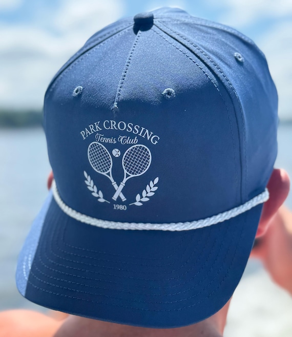 Custom Tennis Club Hat, Blue & White Rope Hat with Custom Tennis Club Crest Hat, Personalized Preppy Country Club Hat