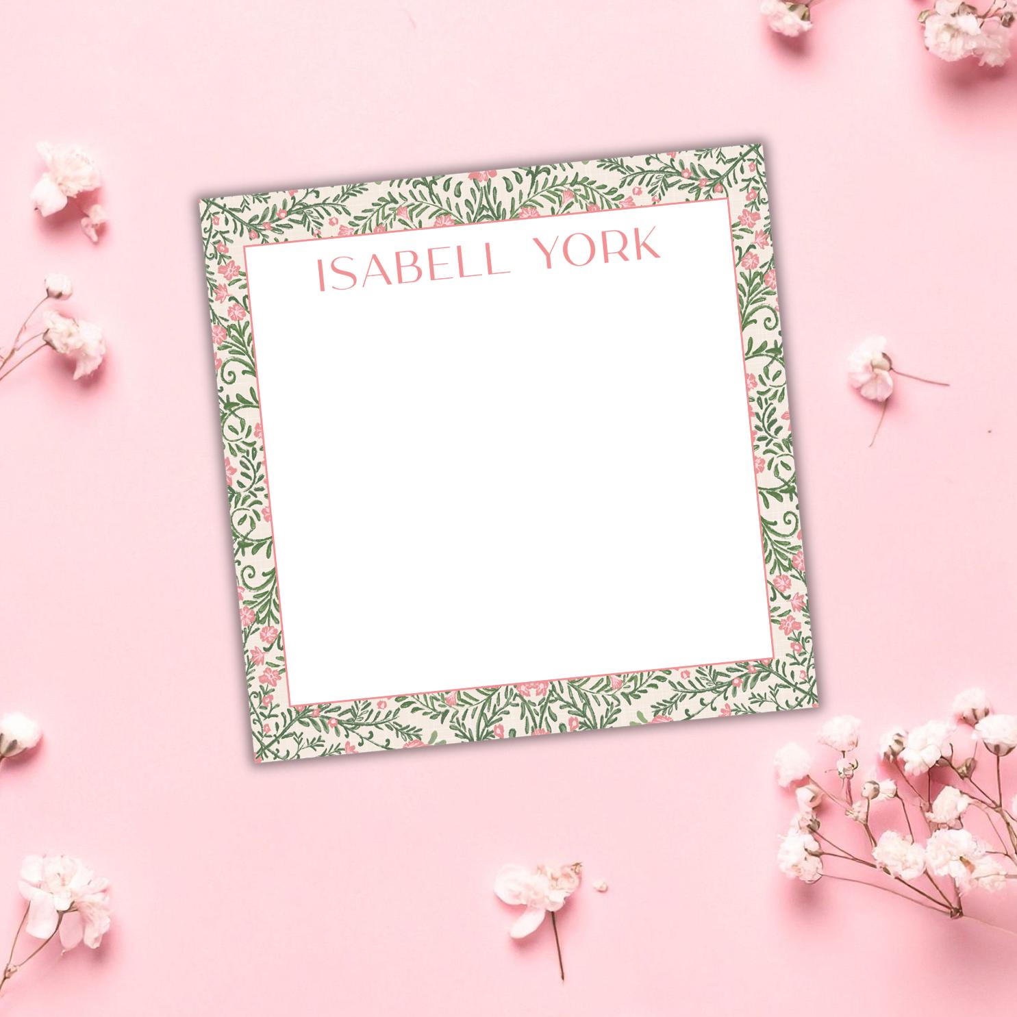 Pink and Green Floral Chinoiserie Monogram Note Pad, Flower Vines ...