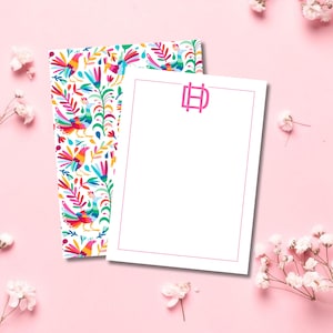 Monogram Otomi Stationery Cards, Personalized Colorful Otomi Thank You Card, Custom Envelope and Liner, Flat Note Cards for Her