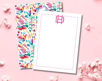 Monogram Otomi Stationery Cards, Personalized Colorful Otomi Thank You Card, Custom Envelope and Liner, Flat Note Cards for Her