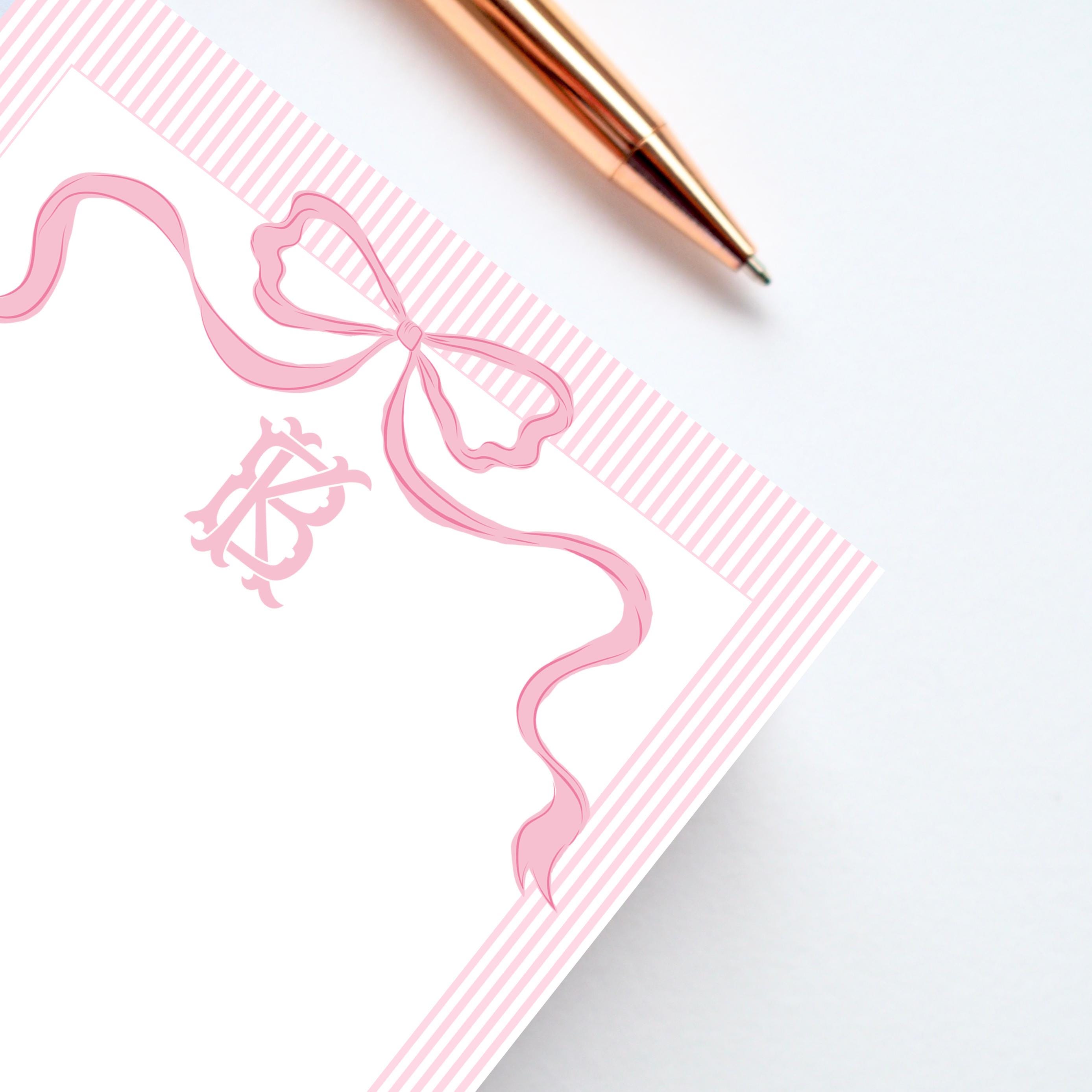 Pink Ribbon Monogram Note Pad, Custom Pink Bow Notepad, Coquette ...