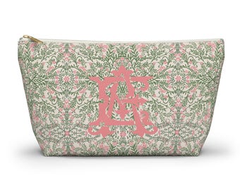 Custom Pink & Green Floral Accessory Pouch w T-bottom, Monogram Gift for Her, Personalized Grandmillenial Zipper Pouch, Makeup Bag