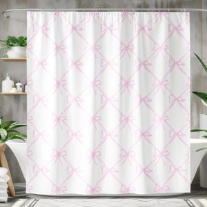 Pink Bow Shower Curtain, Pink & White Ribbon Shower Curtain ...