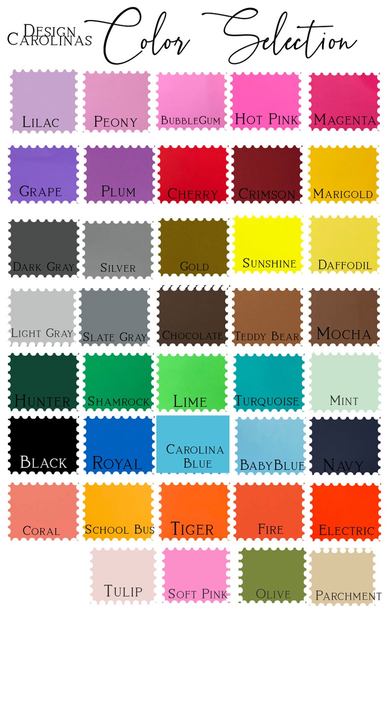 K&ouml;nnte beinhalten: Eine Farbpalette mit 36 verschiedenen Farbmustern. Jedes Muster ist mit einem Farbnamen beschriftet, wie z. B. Flieder, Pfingstrose, Kaugummi, Pink, Magenta, Traube, Pflaume, Kirsche, Rot, Ringelblume, Dunkelgrau, Silber, Gold, Sonnenschein, Narzisse, Hellgrau, Schiefergrau, Schokolade, Teddyb&auml;r, Mokka, J&auml;gergr&uuml;n, Kleeblatt, Limette, T&uuml;rkis, Minze, Schwarz, Royalblau, Carolina Blau, Babyblau, Marineblau, Koralle, Schulbus, Tiger, Feuer, Elektrisch, Tulpe, Rosa, Oliv und Pergament.