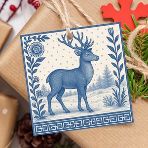 Personalized Blue & White Reindeer Gift Tags, Custom Delft Gift Tags, Christmas Square Small Tags, Blue and White Holiday Gift Tags