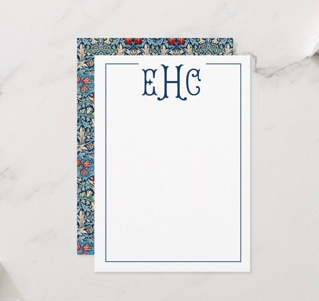 Blue Monogram Flat Stationery Cards Blue Red White Floral Etsy