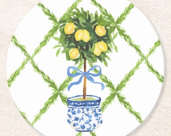 Lemon Ginger Jar Paper Coaster, Blue and White Chinoiserie Drink Coaster, Green Chinoiserie