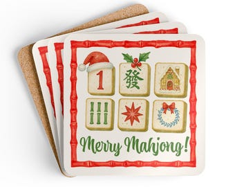 Juego de posavasos navideños rojos y verdes Merry Mahjong, posavasos para fiestas navideñas de Mahjong, decoración Grandmillennial Mahjong, regalo para anfitrionas