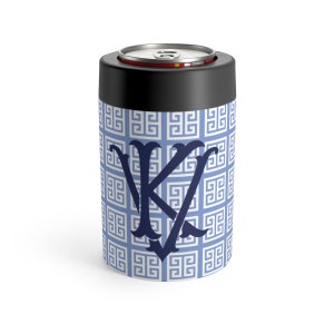 Monogrammed Blue & White Greek Key Can Cooler, Custom Can Holder, Monogram Stainless Steel Coozie