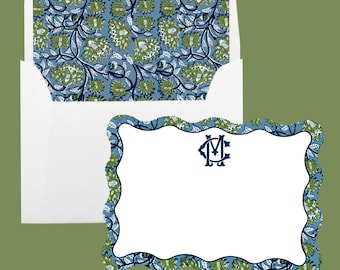 Monogram Blue and Green Block Print Scalloped Border Note Cards, Custom Floral Block Print Card, Personalized Flower Stationery