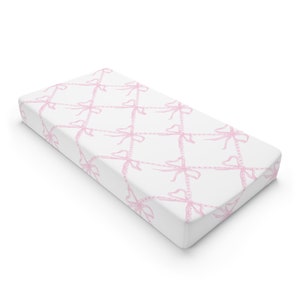 Pink Ribbon Baby Changing Pad Cover, Pink & White Bow, Pink Chinoiserie Nursery, Preppy Baby Grandmillenial Nursery, Baby Girl