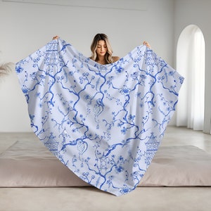 Chinoiserie Pagoda Velveteen Plush Blanket, Blue & White Blanket, Monogrammed Blanket, Pink and White Preppy Blanket, Gifts for Her