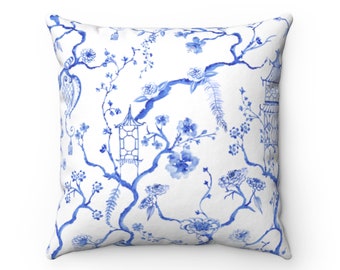Chinoiserie Square Throw Pillow, Blue and White Pagoda Home Decor, Pink and White Throw Pillow, Grandmillenial Decor
