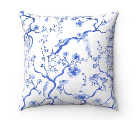 Chinoiserie Square Throw Pillow, Blue and White Pagoda Home Decor, Pink and White Throw Pillow, Grandmillenial Decor