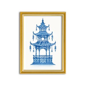 Blue & White Chinoiserie Pagoda Digital Download, Watercolor Grandmillenial Gallery Wall Art Print, Dorm Room Wall Art