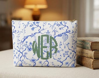 Blue & White Chinoiserie Canvas Pouch, Monogram Blue White Gift for Her, Travel Makeup Bag, Grandmillenial Pagoda Custom Bag, Accessories