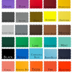 May include: Color selection chart with a variety of colors, including Lilac, Peony, Bubblegum, Hot Pink, and Magenta. Other colors include Grape, Plum, Cherry, Crimson, and Marigold. The chart also features Dark Gray, Silver, Gold, Sunshine, and Daffodil.