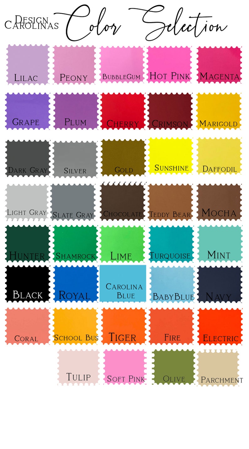 May include: Color selection chart with a variety of colors, including Lilac, Peony, Bubblegum, Hot Pink, and Magenta. Other colors include Grape, Plum, Cherry, Crimson, and Marigold. The chart also features Dark Gray, Silver, Gold, Sunshine, and Daffodil.