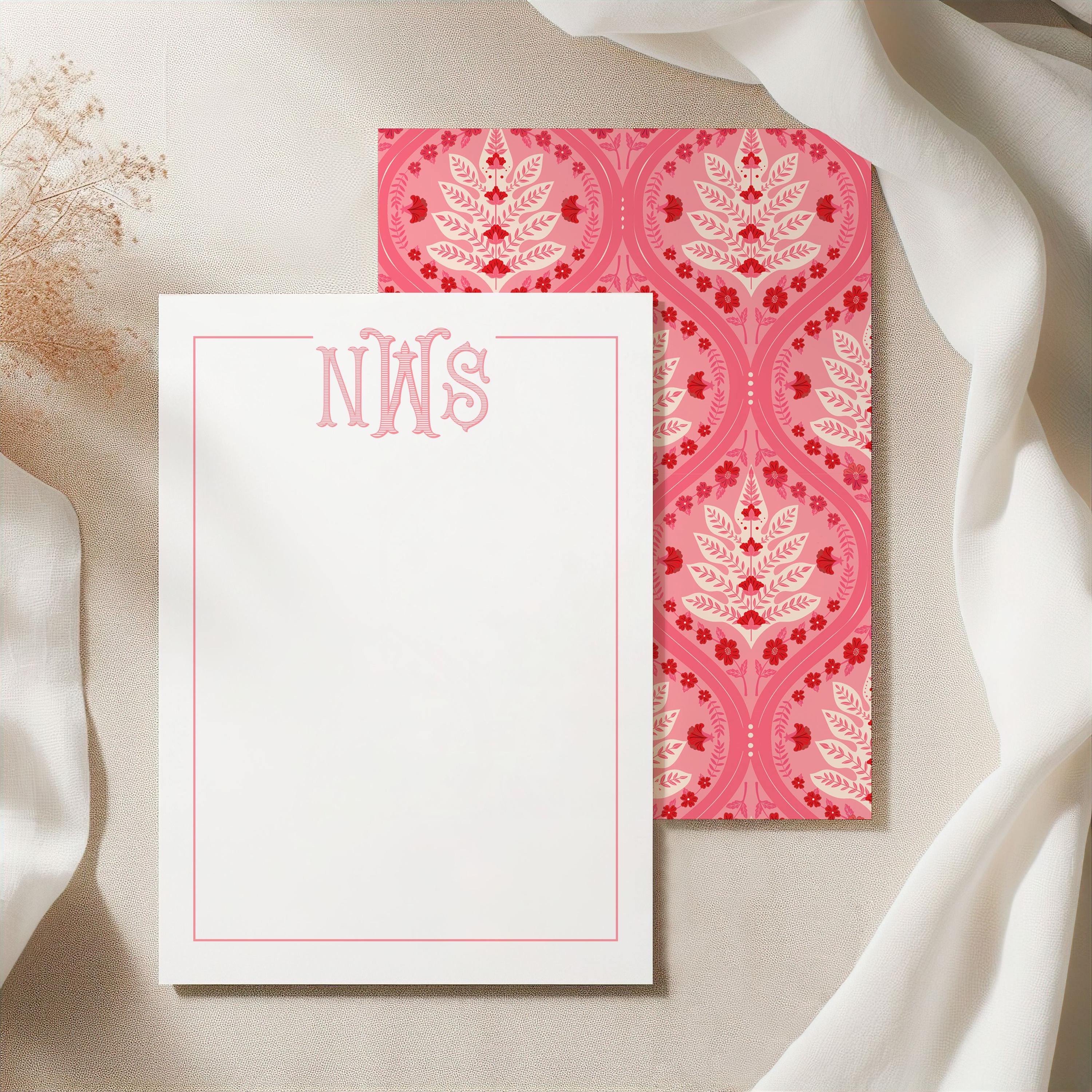 Monogram Stationery Cards, Pink and White Indian Floral Block Print ...