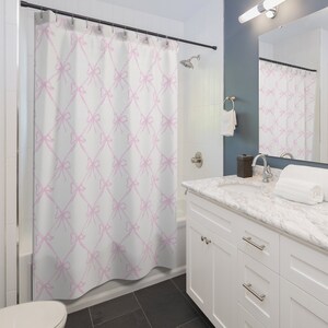 Pink Bow Shower Curtain, Pink & White Ribbon Shower Curtain ...