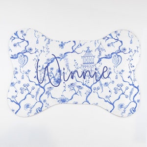 Chinoiserie Dog Bone Pet Mat, Blue and White Bone Shaped Dog Bowl Mat, Custom Dog Gift, Personalized Dog Bowl Pad