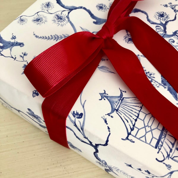 Chinoiserie Wrapping Paper Sheets, Blue and White Pagoda Gift Wrap, Ginger Jar Wrapping Paper, Blue and White Christmas Paper