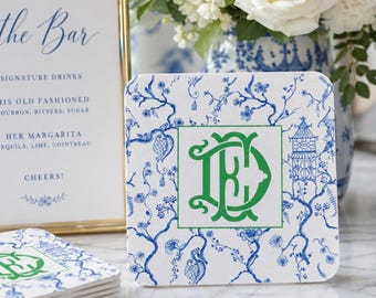 Monogram Chinoiserie Paper Coaster, Blue and White Monogram Drink Coaster, Custom Grandmillenial Monogram Wedding Decor,  Wedding Coaster