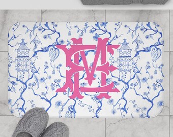 Blue and White Chinoiserie Pagoda Bath Mat, Pink Monogram Memory Foam Bath Mat, Blue and White Decor, Custom Couples Gift, Housewarming Gift