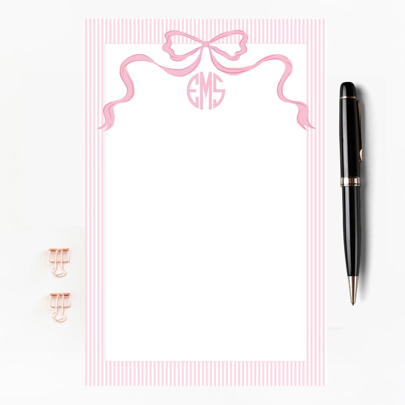 Pink Ribbon Monogram Note Pad, Custom Pink Bow Notepad, Coquette ...