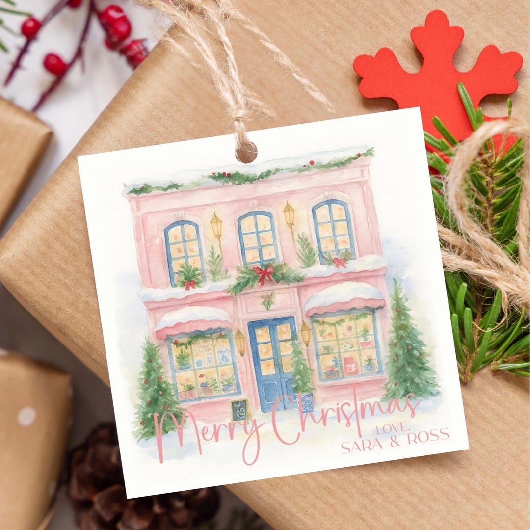 Watercolor Pink Christmas Storefront Gift Tags, Custom Pink Holiday ...
