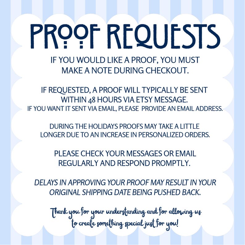 Information about requesting personalized proofs, proof delivery times, and responding promptly to avoid shipping delays.
