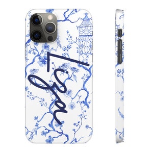 Full Name Chinoiserie Print Monogram Phone Case, Blue and White Personalized iPhone Case, Custom Cursive iPhone 13 Case, iPhone 11 iPhone X