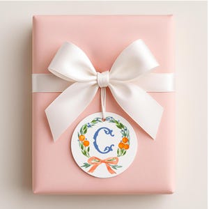 Custom Citrus Chinoiserie Wreath Gift Tags, Monogram Wreath Christmas Gift Tags, Personalized Holiday Tags