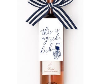 This is My Side Dish Hanging Wine Bottle Gift Tag, Hand Drawn Cute Calligraphy Wine Gift tags, Hostess Gifts, Funny Tag