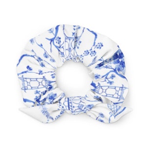 Chinoiserie Scrunchie, Blue and White Hair Bow, Chinoiserie Pagoda Gift for Her